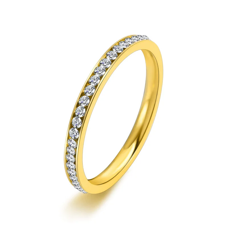 2mm Bling CZ Stones Ring for Women Gold Tone Stainless Steel Shinny Crystal Finger Band Elegant Jewelry