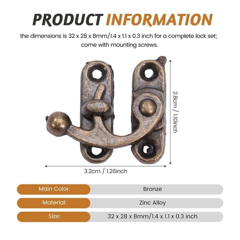 ABSJ-20PCS โทนสีบรอนซ์โบราณขวา Latch Hook Hasp Horn ล็อคไม้กล่องเครื่องประดับ Latch Hook Clasp