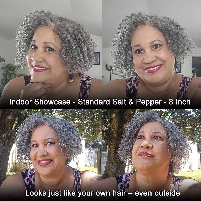 100% cabello humano Real de sal y pimienta, peluca gris rizada Jerry corta sin pegamento, pelucas con cierre frontal de encaje 5x5 para mujeres maduras y elegantes