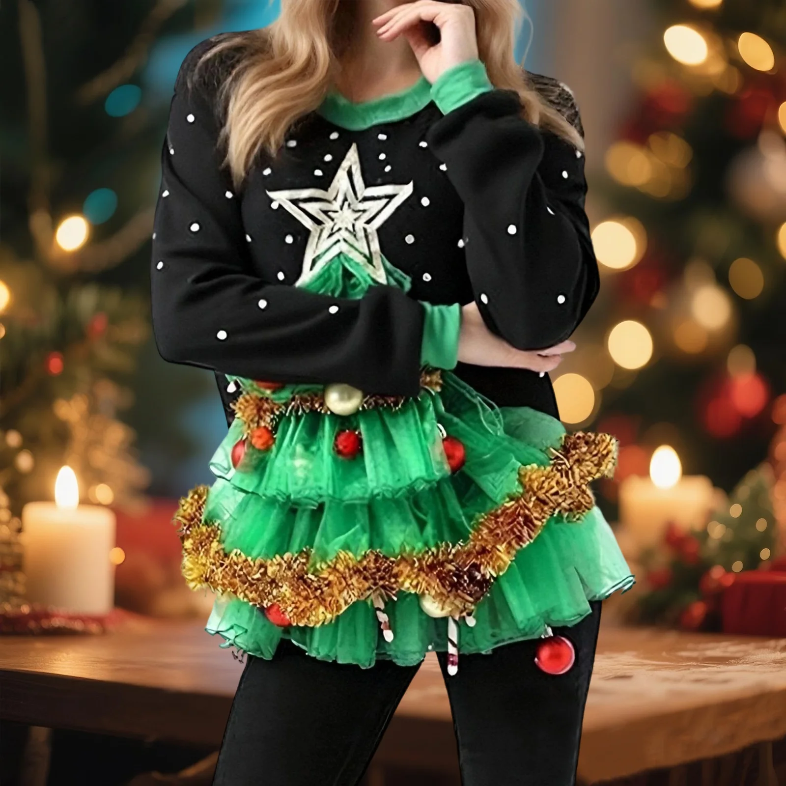 سويت شيرت نسائي ثلاثي الأبعاد على شكل شجرة عيد الميلاد بأكمام طويلة ورقبة دائرية وبلوفرات فضفاضة للعطلات #4