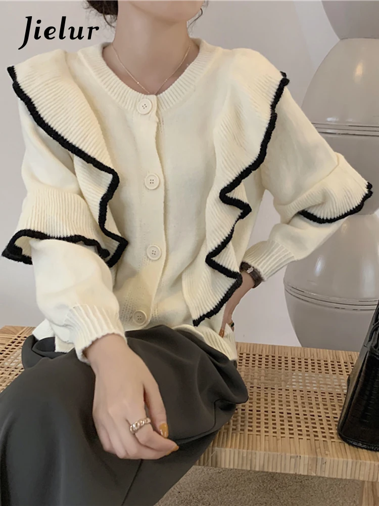 

Jielur Elegant Lady Women Ruffles Knitted Cardigans Top Female Single-Breasted Full Sleeve Black White Sweaters Autumn Knitwear