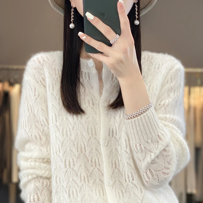 Round Neck 100% Merino Wool Cardigan Spring Autumn New Hollow Out Fashion Long Sleeved Solid Color Knitted Cardigan Sweater Top