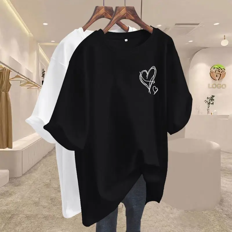 Sommer 2025, neue Elegante Liebe Druck T-shirts Frauen Kleidung Beiläufige Lose Baumwolle Pullover Büro Dame Grundlegende Kurzarm Top Tees