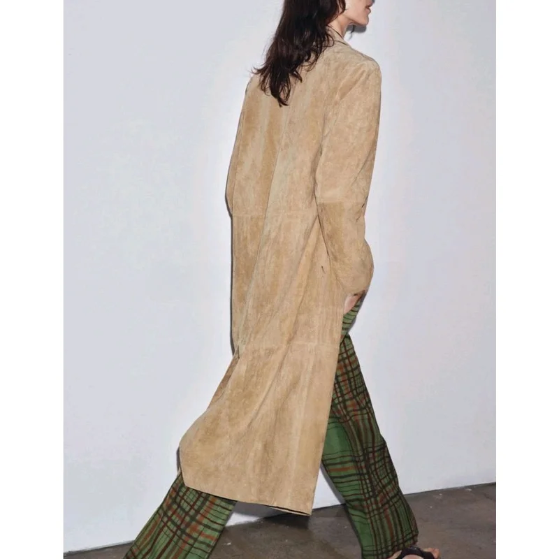 

Autumn New Arrival Women's Long Sve Turn-down Collar Faux Suede Leather Coat Briti Sle Outerwear Straight Cut Commute