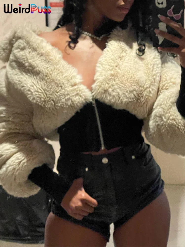 Weird Puss Furry Jacket Women Patchwork Thick Cotton-Padded Zipper Long Sleeve v-Neck Elegant Winter Wild Basic Streetwear Coat