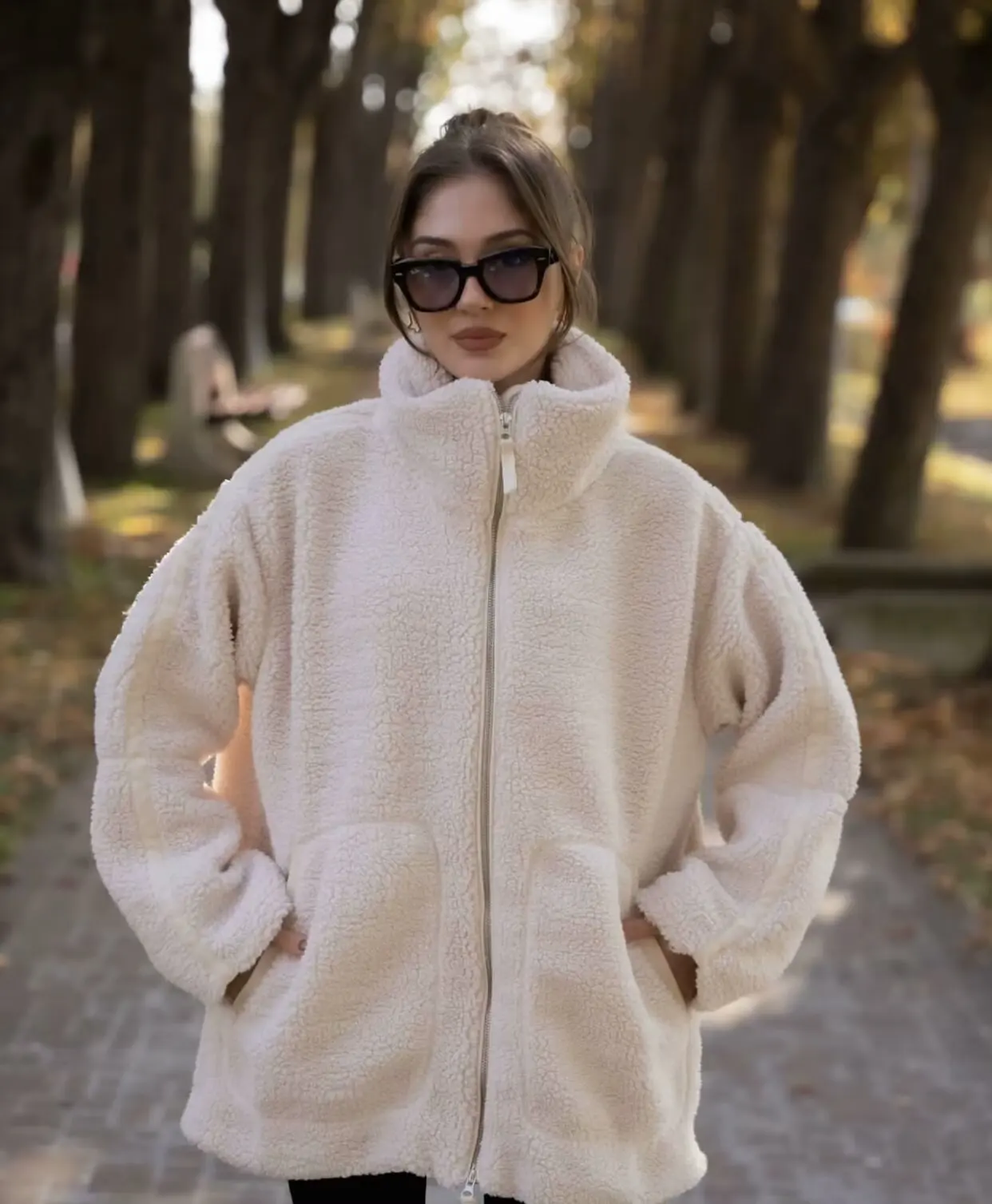 Warm Women Stand Up Collar Zipper Faux Lambswool Coat Loose Long Sleeve Zippered Pocket Jacket Fall And Winter Womens Commuter