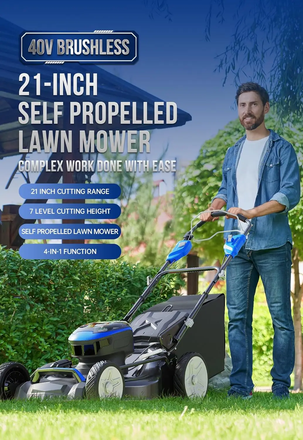 

Lawn Mower Self Propelled 40V Brushless 21" Cordless, 7 Cutting Height Adjustments Electric Lawn Mower,