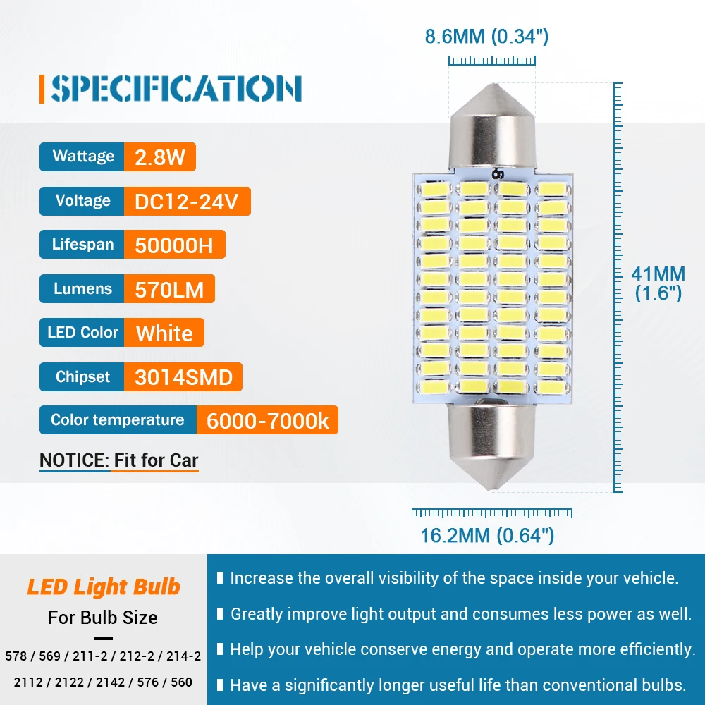 LED Bulb 41/42mm 578 569 211-2 212-2 White 6000K 3014Chipset 1PCS For Car Interior Map Dome Door Trunk Light