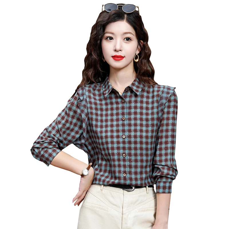 Vintage damesblouses Casual geruit overhemd Mode losse lente/zomer Koreaanse kleding Damestops met lange mouwen