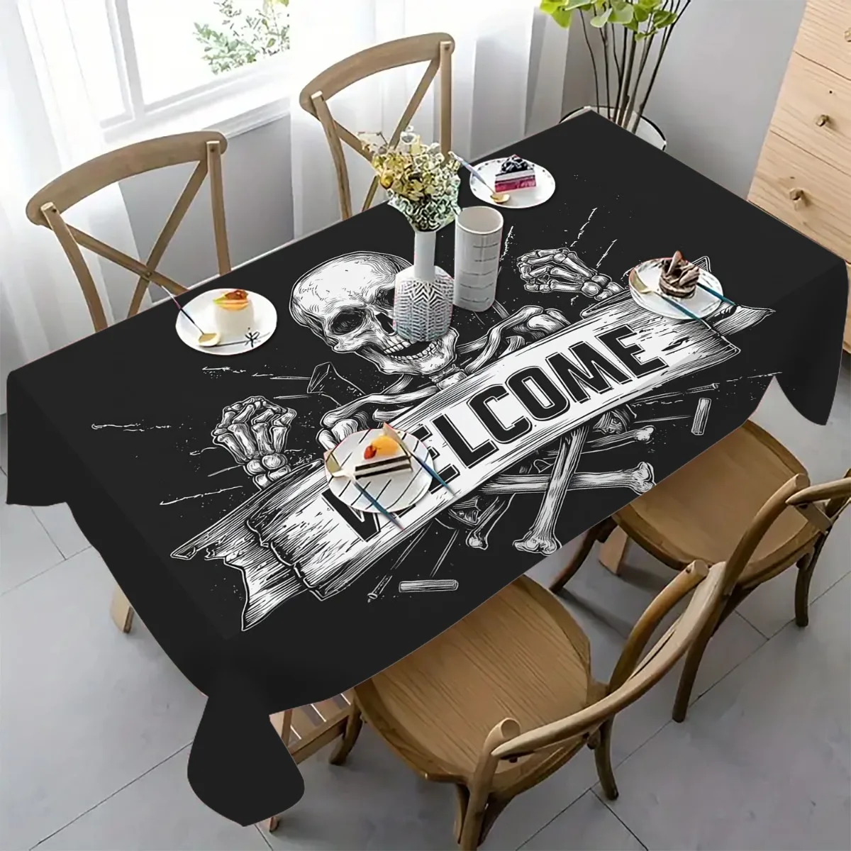 Gothic black and white skull bone tablecloth - Square woven fabric, easy to clean surfacezyc