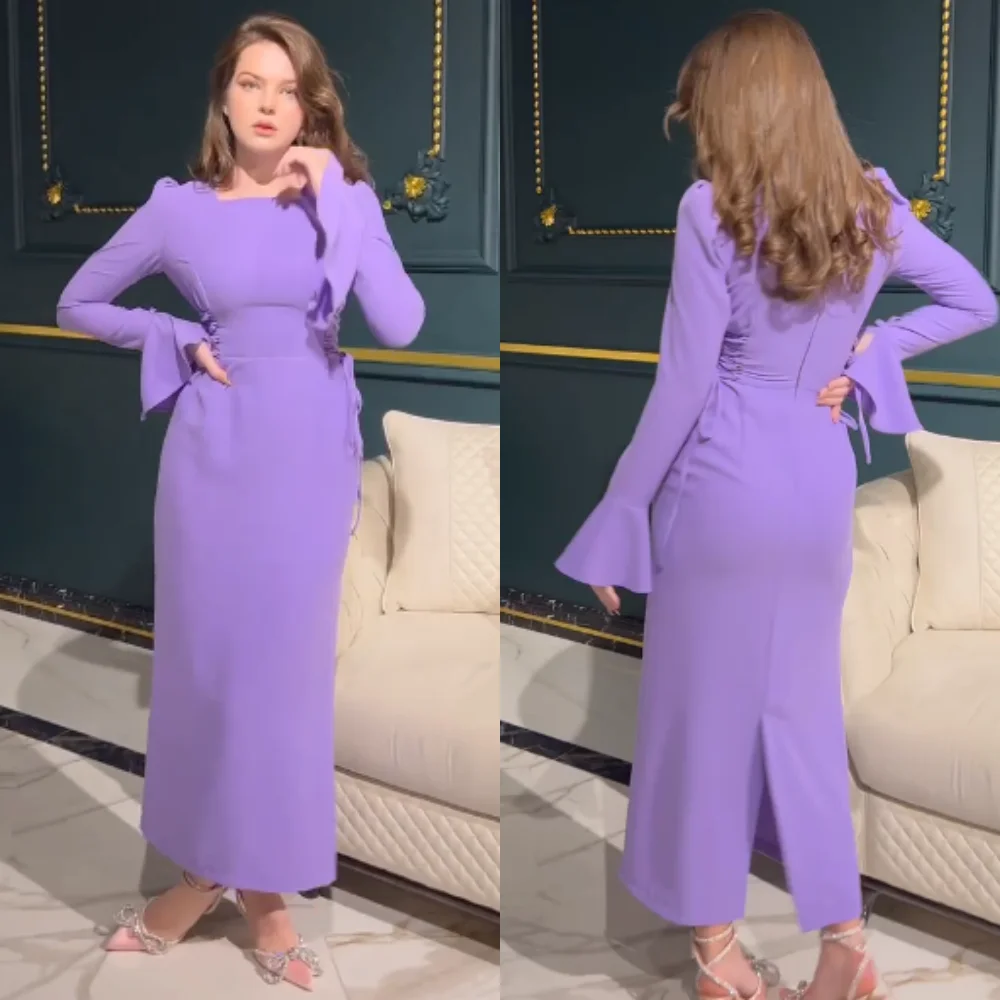 

Evening Sexy Casual Jersey Ruffle Graduation A-line Square Neck Bespoke Occasion Gown Midi Dresses