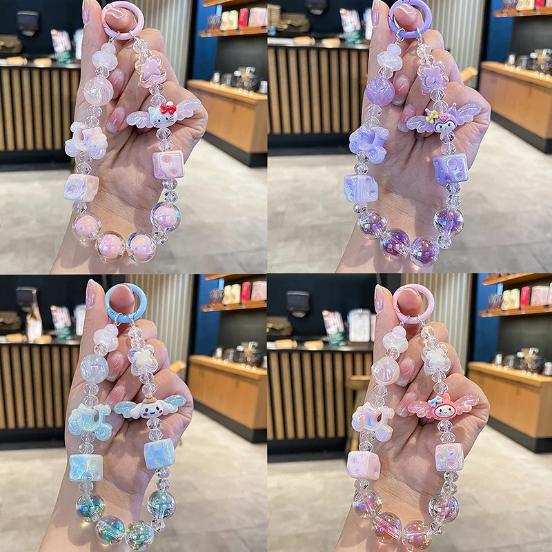 Sanrio Kuromi Melody Cinnamoroll cordón para teléfono, cadena para teléfono con cuentas bonitas, llavero colgante para bolsa, accesorios para llaves de coche