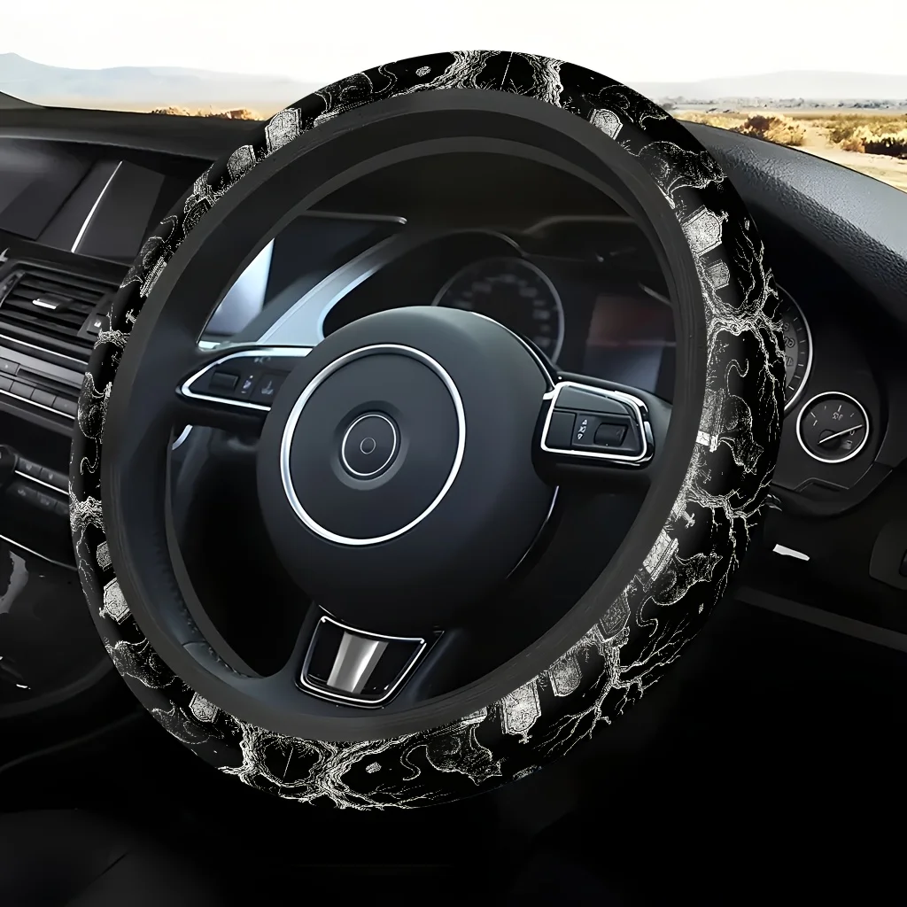 1pc Black Cat Cemetery Dead Tree Skull Night Scene Car Steering Wheel Cover, Soft And Breathable Texture, Relieves Hand