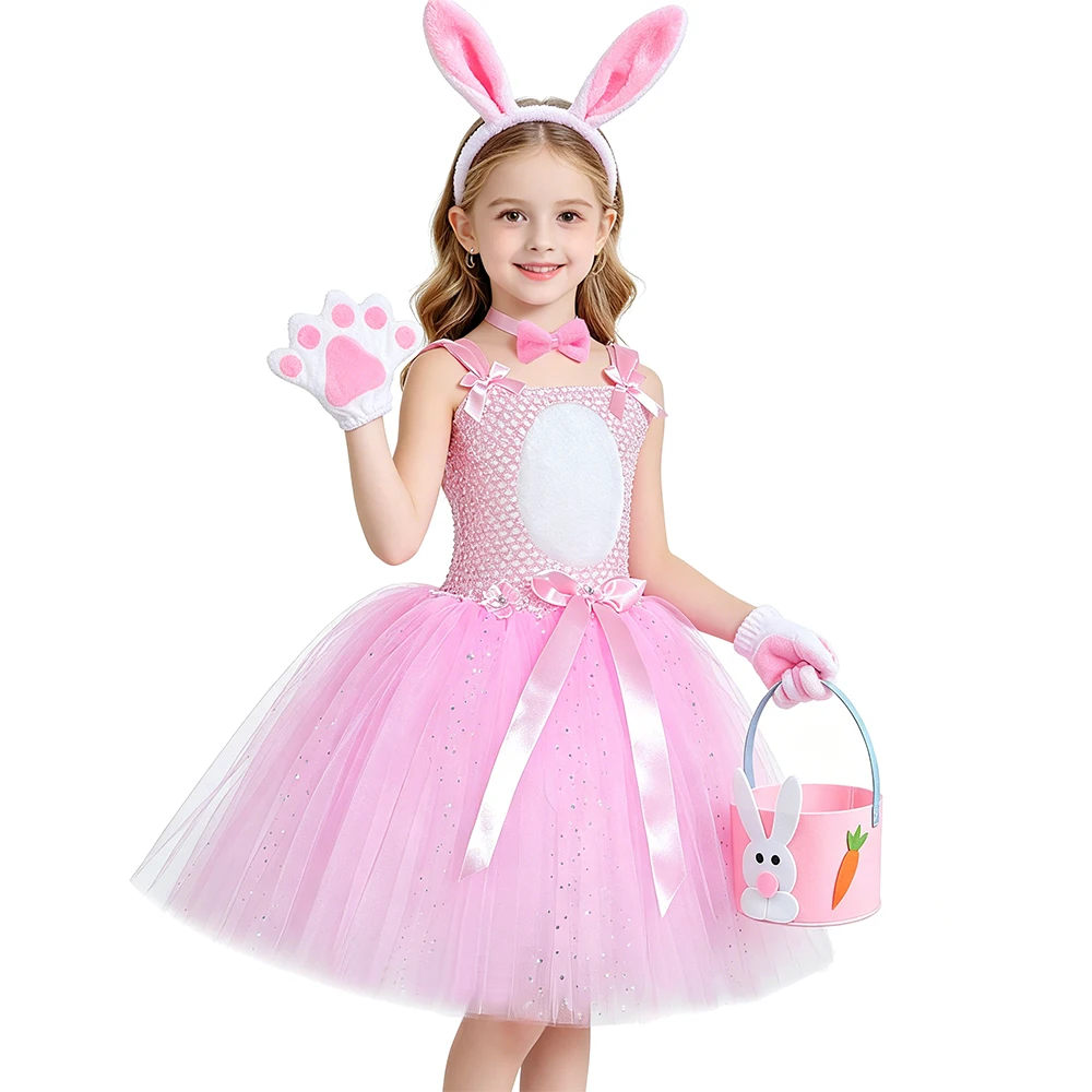Girls Pink Easter Bunny Costume Kids Glitter Cute Rabbit Tulle Tutu Dress Girl Halloween Carnival Birthday Party Animal Dress Up