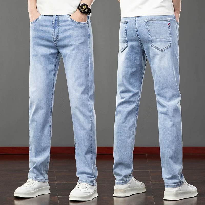 Spring Summer Thin Slim Fit Jeans Mens Elastic Straight Casual Business Denim Pants Washed Classic Brand Clothing Men Trousers