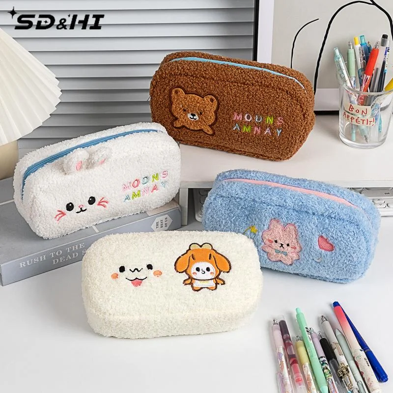 Cute Cartoon Plush Rabbit Bear Pencil Case Multifunction Creative Large Capacity Plush Pen Bag Supplies Stationery Storage Bag