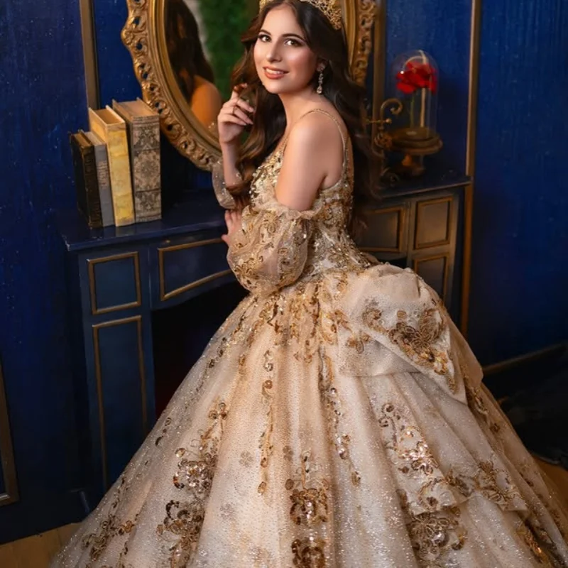 Personnalisé brillant champagne or Quinceanera robes hors De l'épaule tulle cristal applique arc dentelle robe De 15 Quinceanera