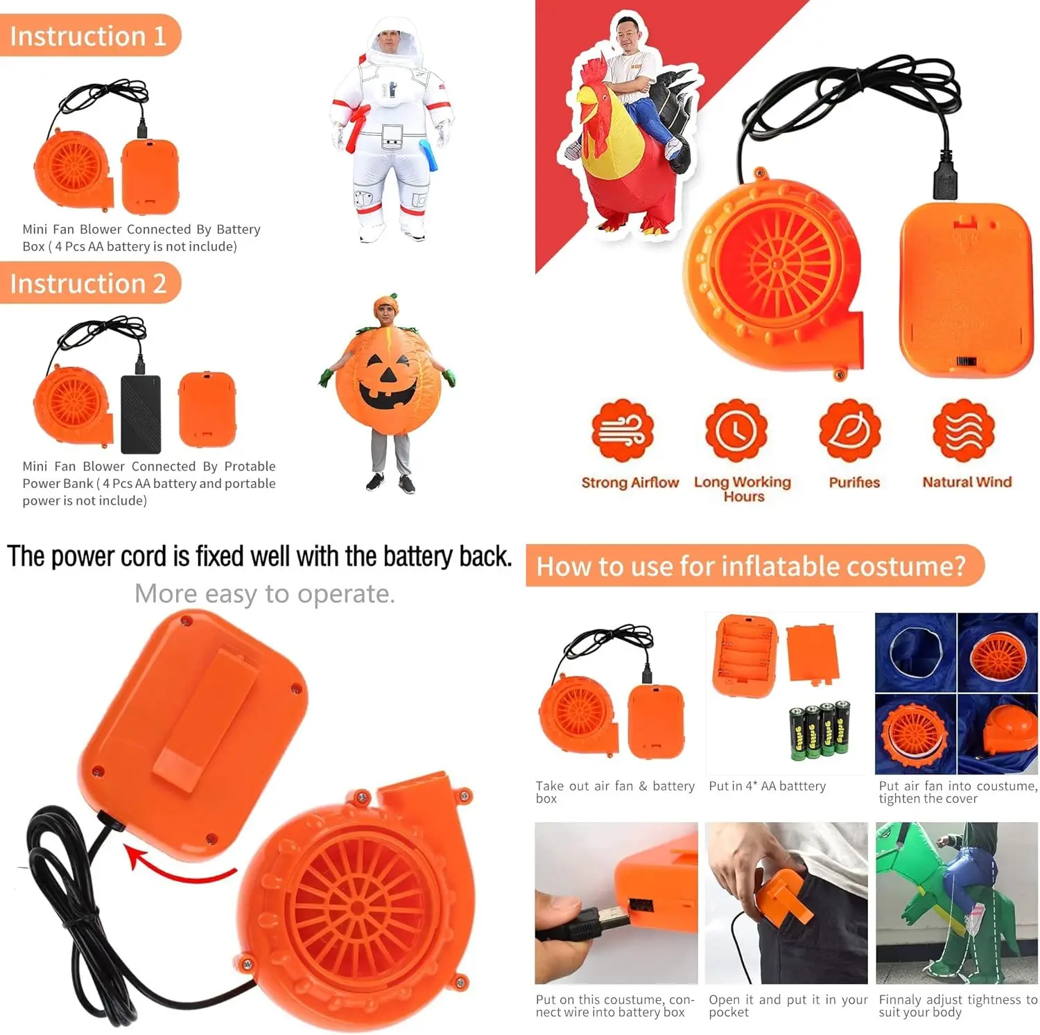 Mini ventilador soplador para disfraz de dinosaurio o cabeza de Mascota de muñeca u otros trajes de ropa de juego inflable, naranja