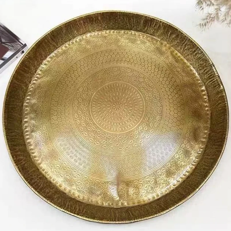 Vintage Engraving Hammer Texture Brass Coffee Cup Tray,Teacup Saucer Home Cheese 35 cm Fruit Plate,Snack Disc Table Decoration