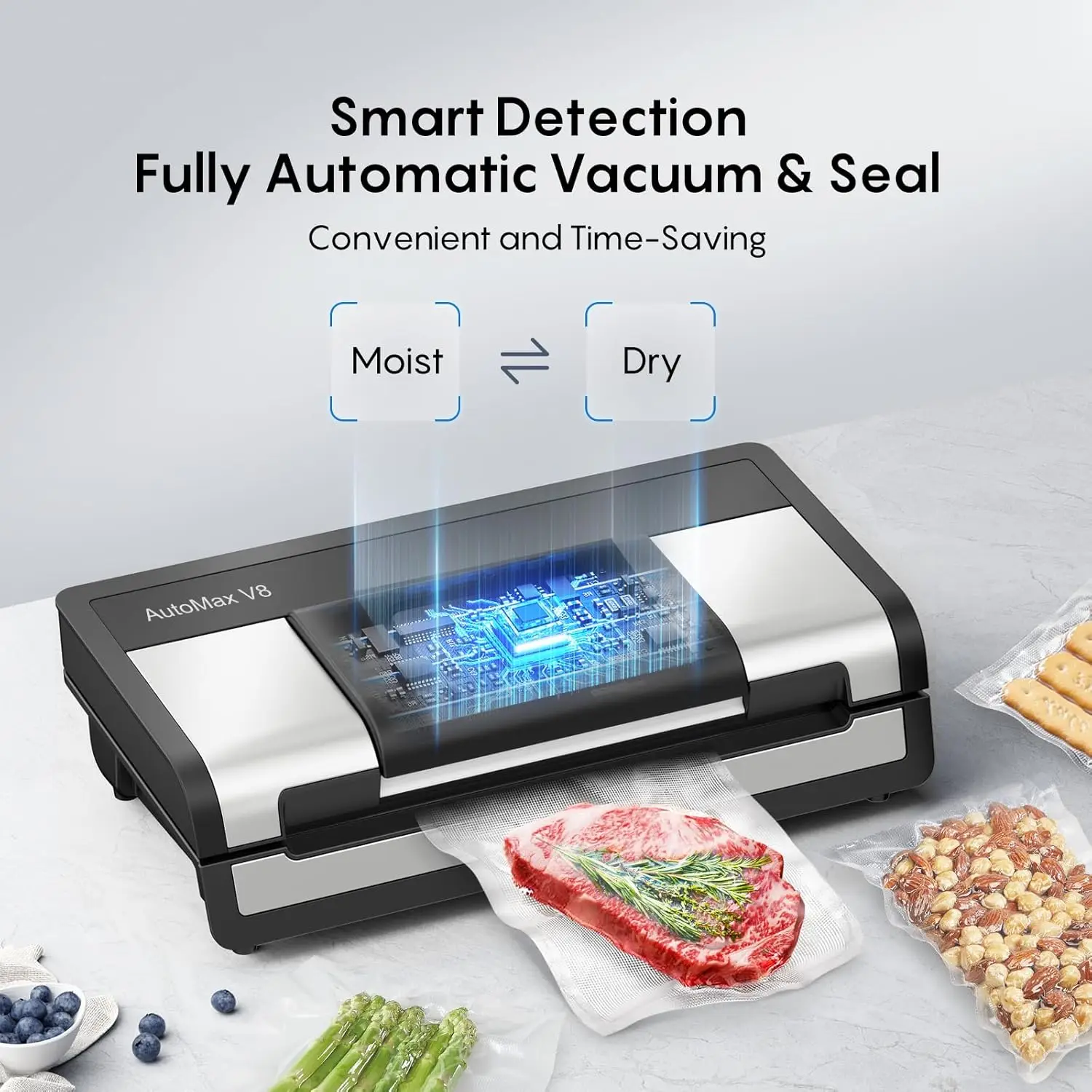 Fully Automatic Vacuum Sealer Machine, Hands-Free Food Sealer with Dry/Moist Food Detection, 140 Watts, Built-in Cutter