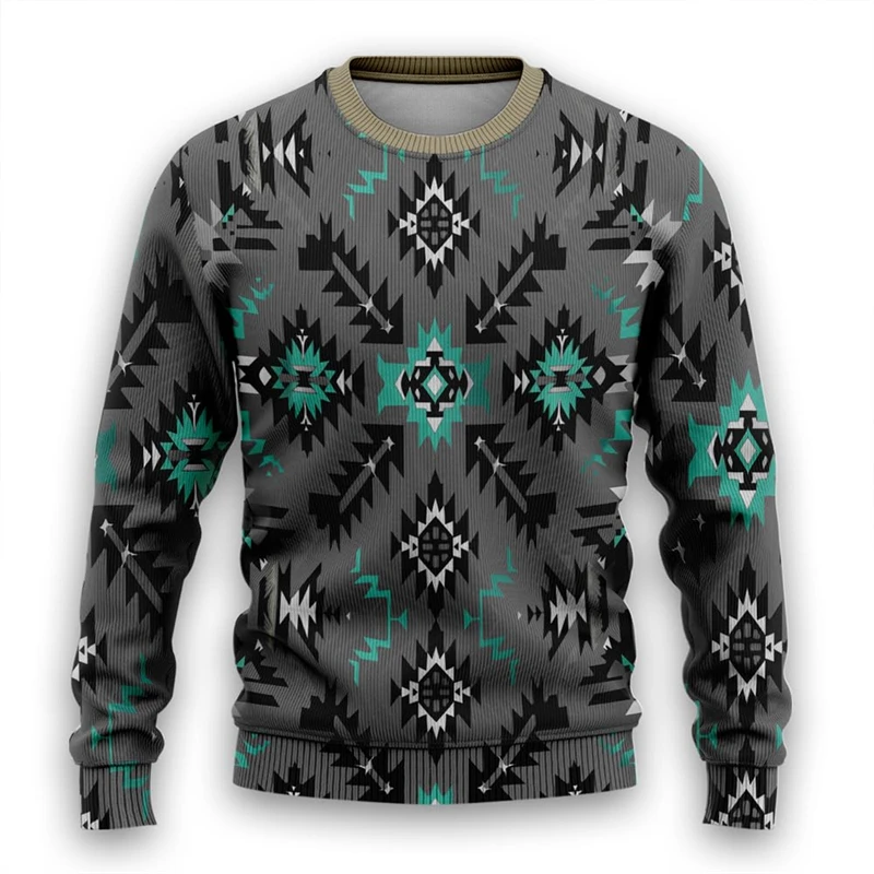 Tribal Ugly Sweater for Men Aztec Kids Funny Xmas Holiday Crew Neck Ugly Sweatshirt Vintage Casual Tracksuit Loose Pullovers