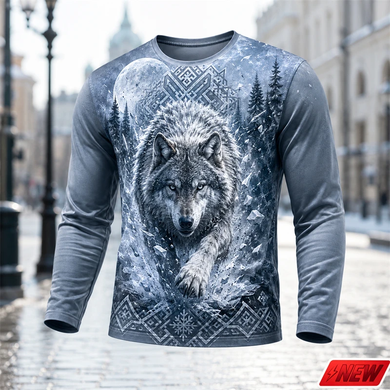 Men Long Sleeve T Shirt 3d Print Cool Snow Wolf Ice Forest Geometric Graphic Round Neck Tee Wild Animal Street Casual Tops