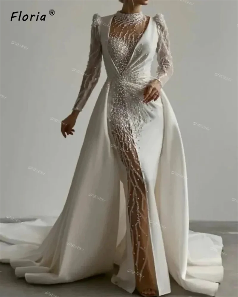 

Magnificent Ivory Dubai Beaded Pearl Mermaid Wedding Dress with Overskirt See Through Long Sleeve Court Train Bridal Gown noiva