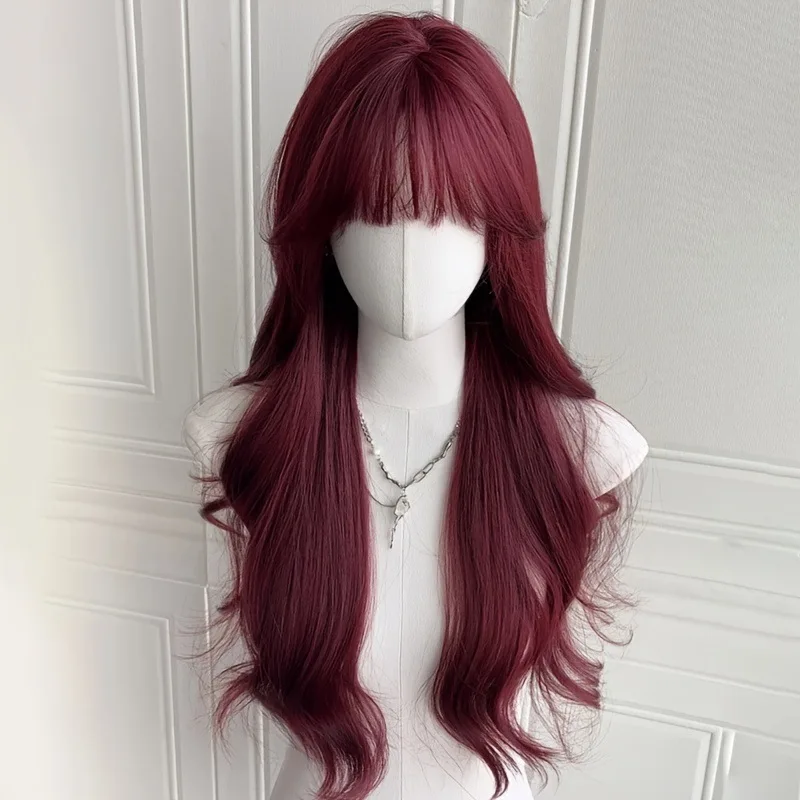 Peluca sintética color vino tinto con ondas grandes para fiesta de Halloween, peluca cosplay, peluca diaria, juego de pelucas de fibra de cabello de alta temperatura