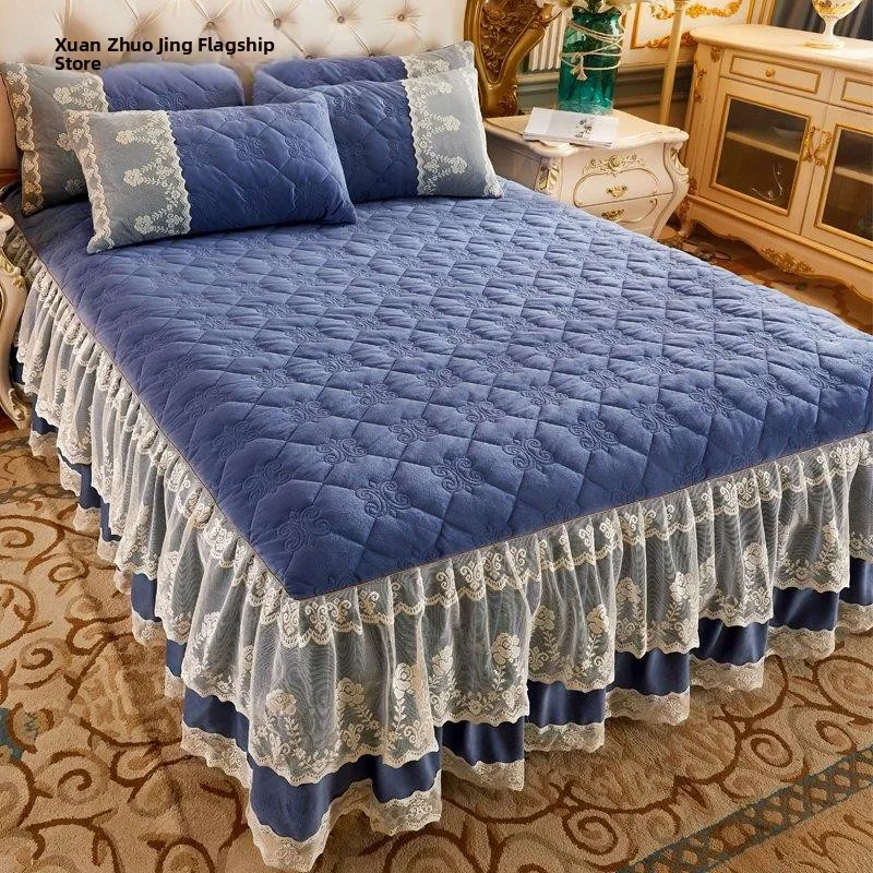 

Утолщенное хлопковое кружевное покрывало, цельное, зимнее, теплое, однотонное, чехол для матраса, пододеяльник, комплект постельного белья из хрустального бархата