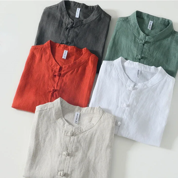 Summer New Casual Short Sleeve Shirts for Men Slim 100% Linen Streetwear Solid Color Men Clothing BL994