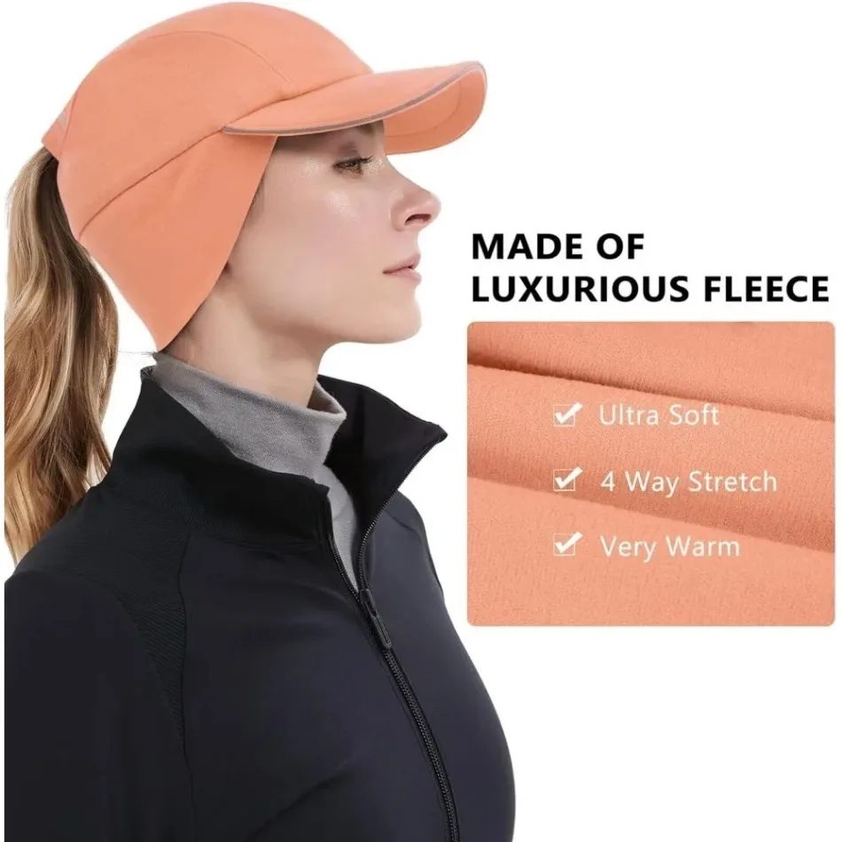 GADIEMKENSD Women's Reflective Fleece Ponytail Running Caps - Winter Golf Sports Hats with Drop Down Ear Warmer for Jogging M24