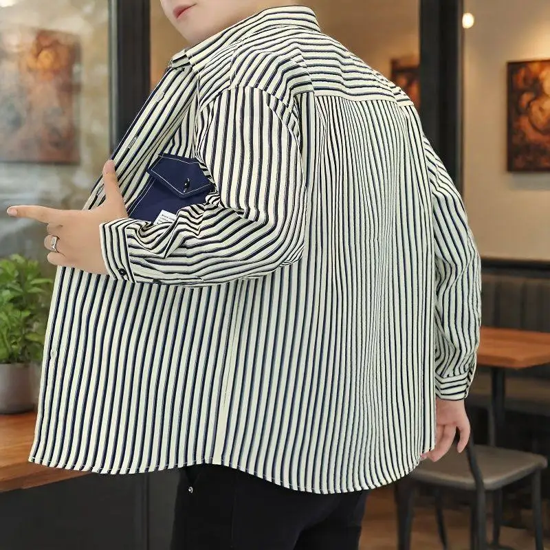 

Casual Stripe Long Sleeve Shirt Men's Loose Fit Spring Fashion Square Collar Youth Popular Polyester Fiber Shirt Outerwear