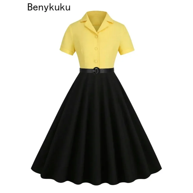 

Notched Collar Button Up Belted 50S Vintage Hepburn Dress for Women Summer Short Sleeve Yellow and Black Patchwork Formal Dress