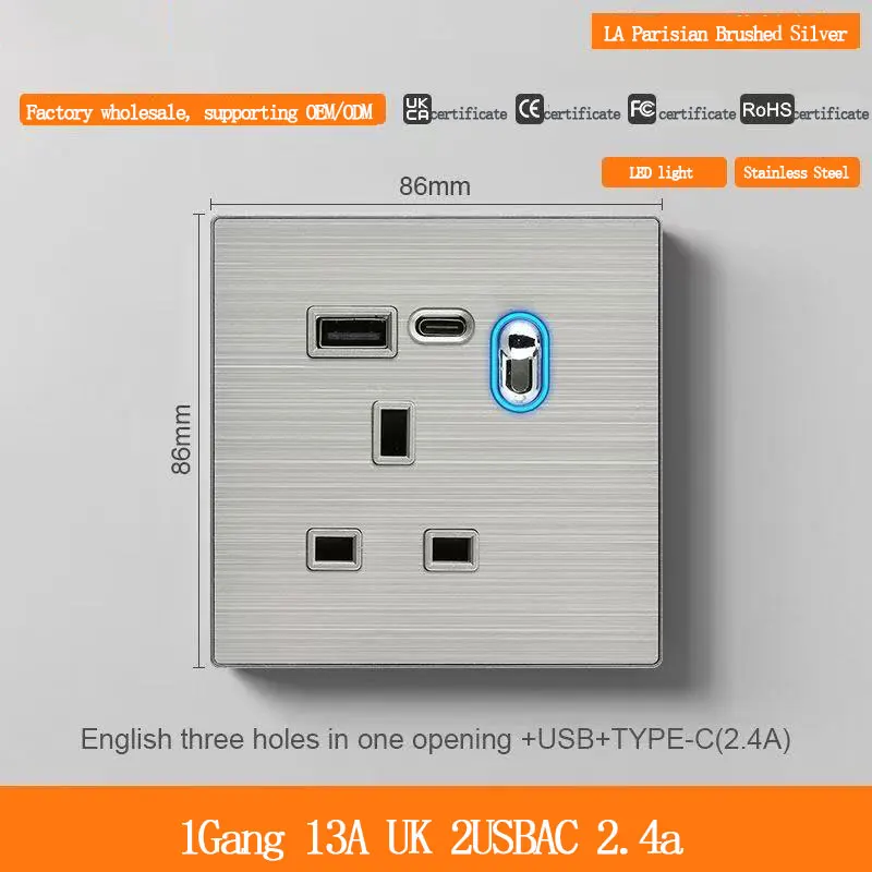 1-gang-british-style-three-pin-uk-power-outlet-with-2-usb-type-c-ports-24a-charging-stainless-steel-silver-13a