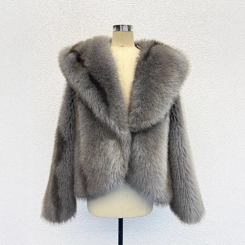 2026 Fashion Faux Fur Short Coat Women's Winter Fox Fur Overcoat Thicken Hooded Loose Jackets Streetwear Lady Stripe Furry Coats