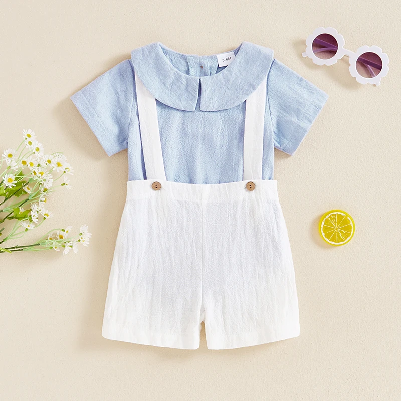 Infant Boys Clothing Set with Solid Color Doll Collar Rompers and Suspender Shorts 2-Piece Gentleman Outfit for Baby