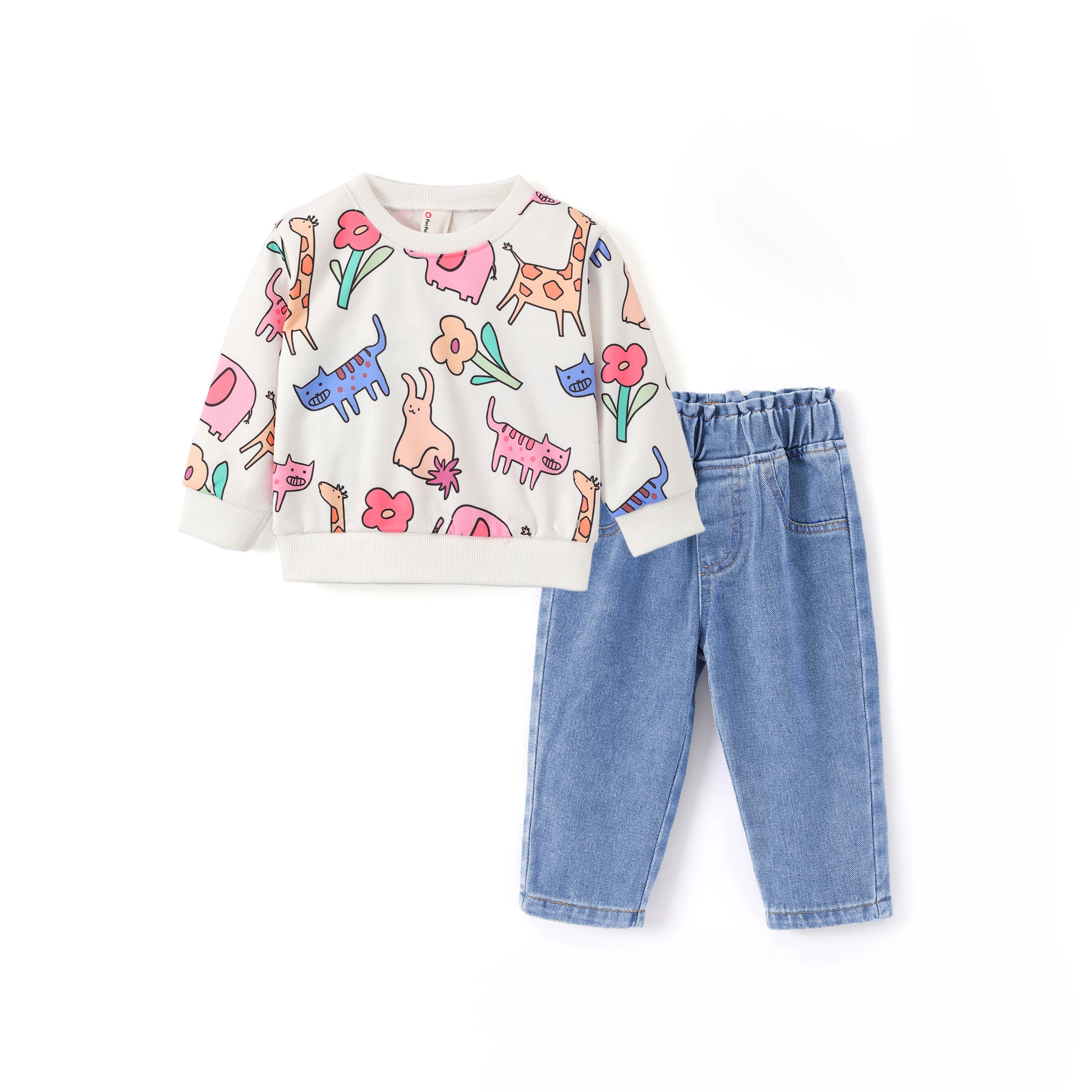 

PatPat Baby Girl 2pcs Animal Pattern Sweatshirt and Denim Pants Set