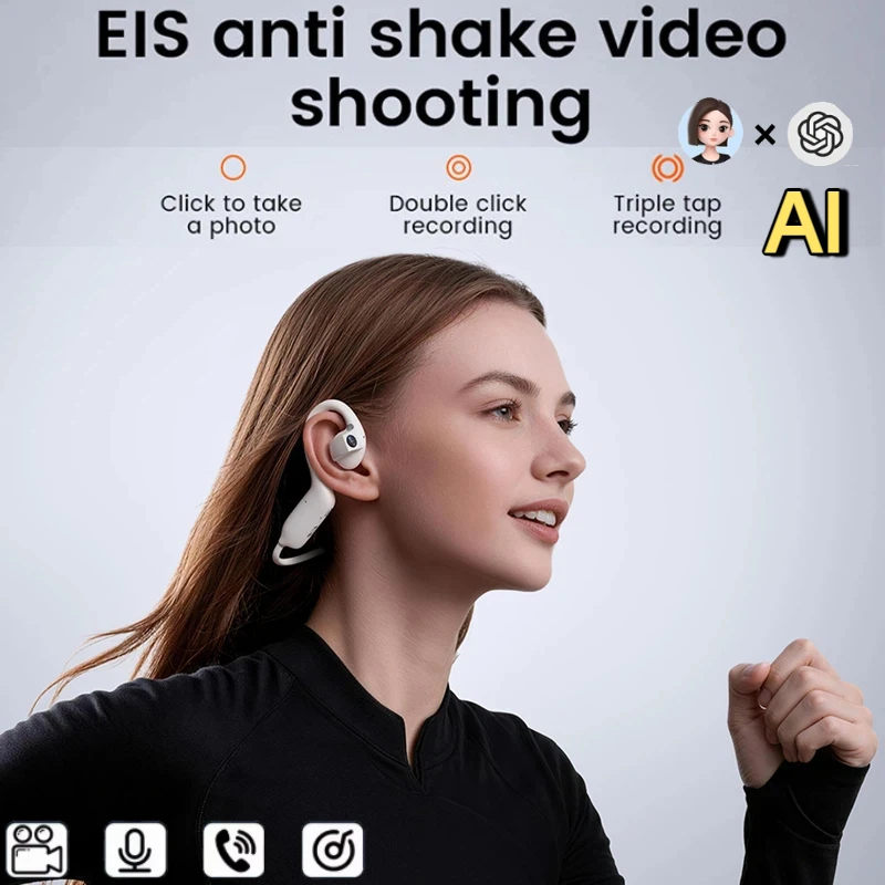 E12 Ear Hook Bone Conduction Headphones Open Ear Wireless Bluetooth 5.4 Sports Earbuds with AI Translator HD Camera for Running