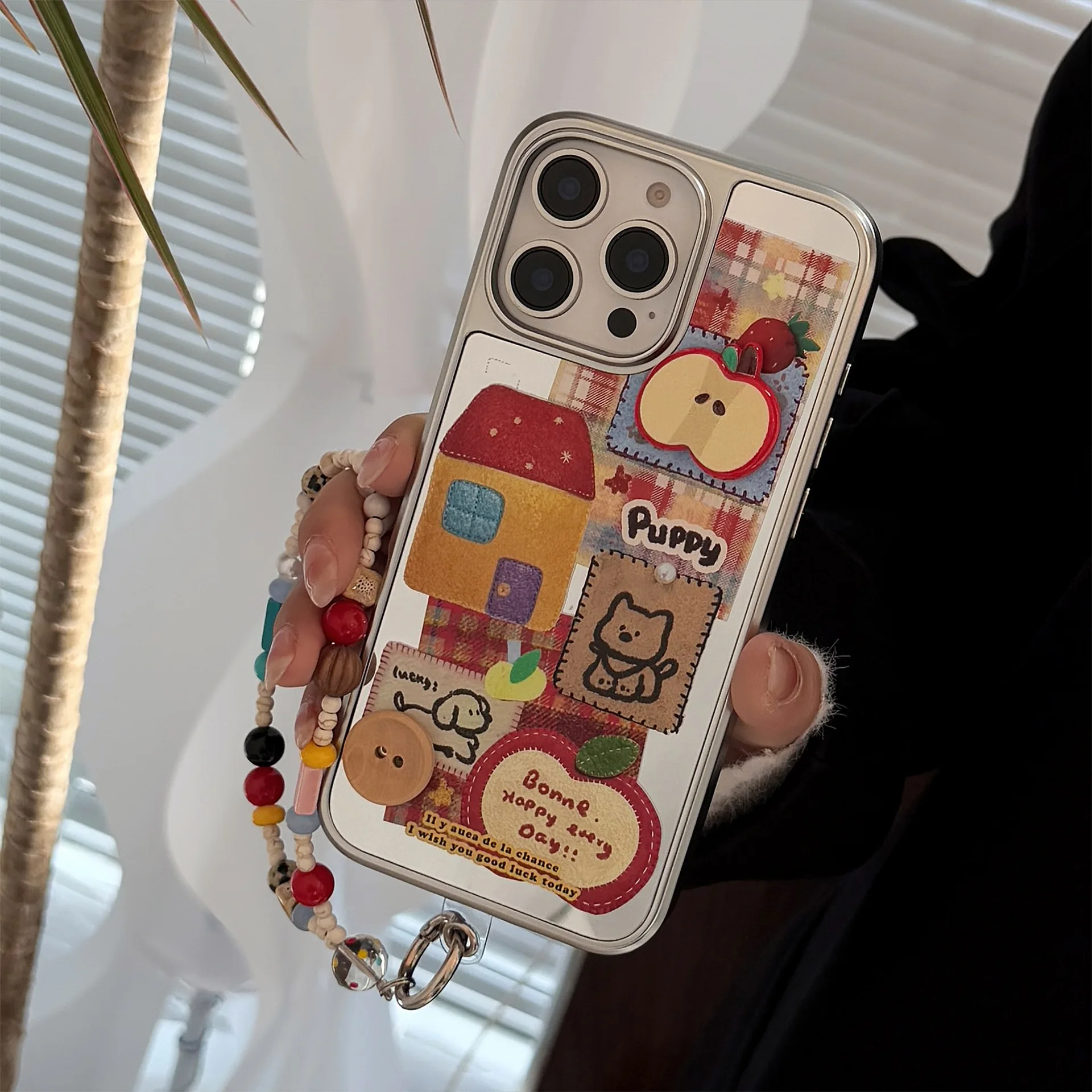 Korean 3D Apple Button Cartoon Puppy Mirror Phone Case For iPhone 17 Air 16 15 14 13 12 Pro Max With Chain Shockproof Hard Cover view 5
