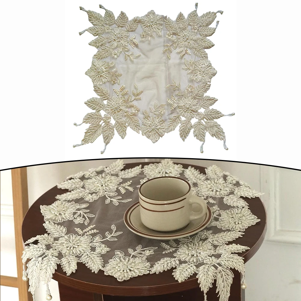 Handmade Embroidered Beaded Lace Doily Decor Mat for Coffee Table Flower Vase 40x40cm Beige Polyester Placemat