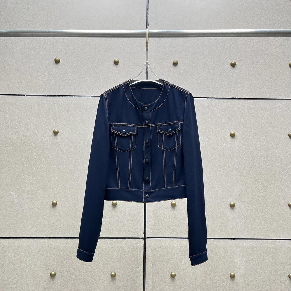 

Женская джинсовая куртка с длинным рукавом, яркая Элегантная куртка из денима с круглым вырезом и карманами, Y2k, осень 2024