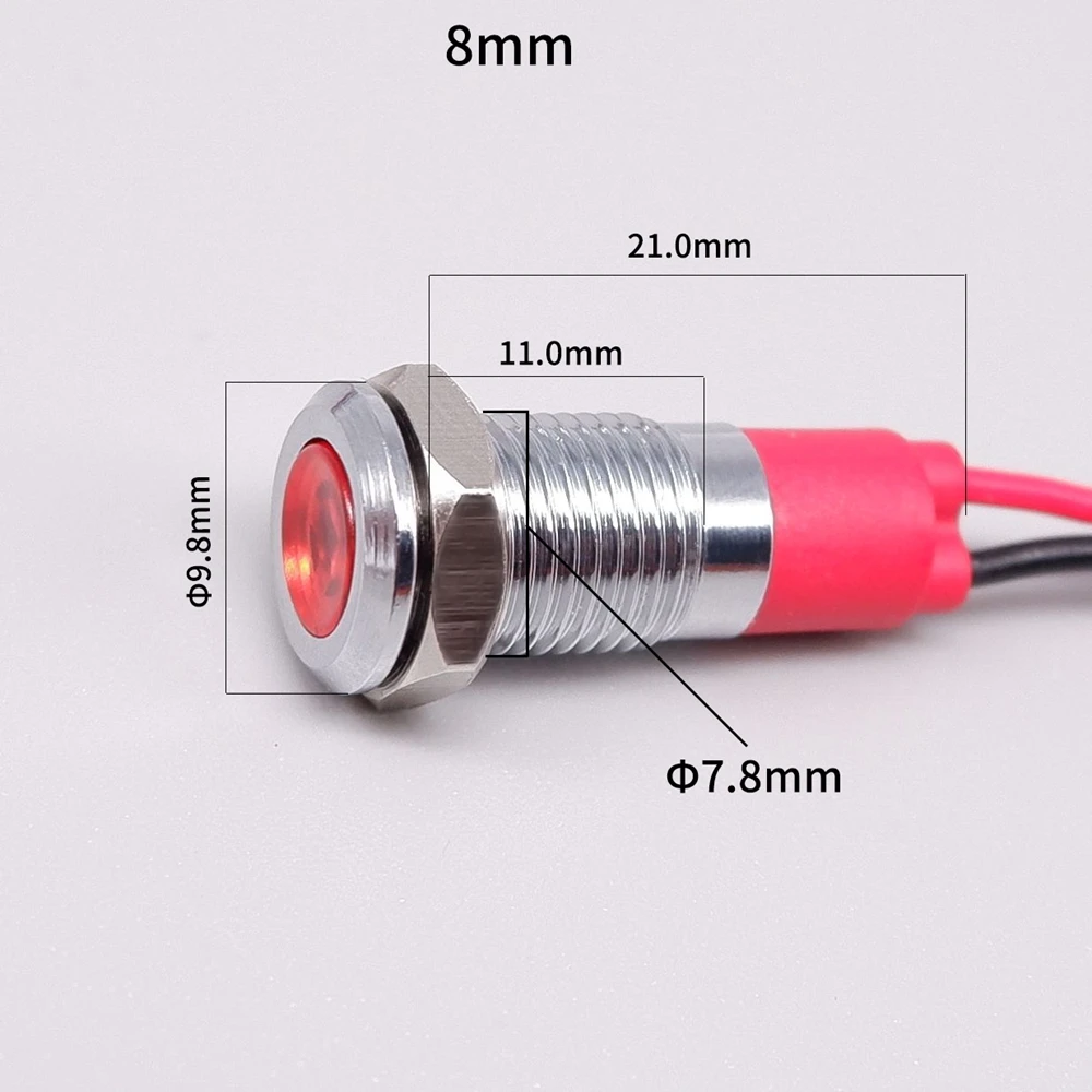 8mm Metal Power Supply Indicator Lamp LED Signal Light with wire 3v 6v 12v 24v 110v 220v Red Orange Green Blue White