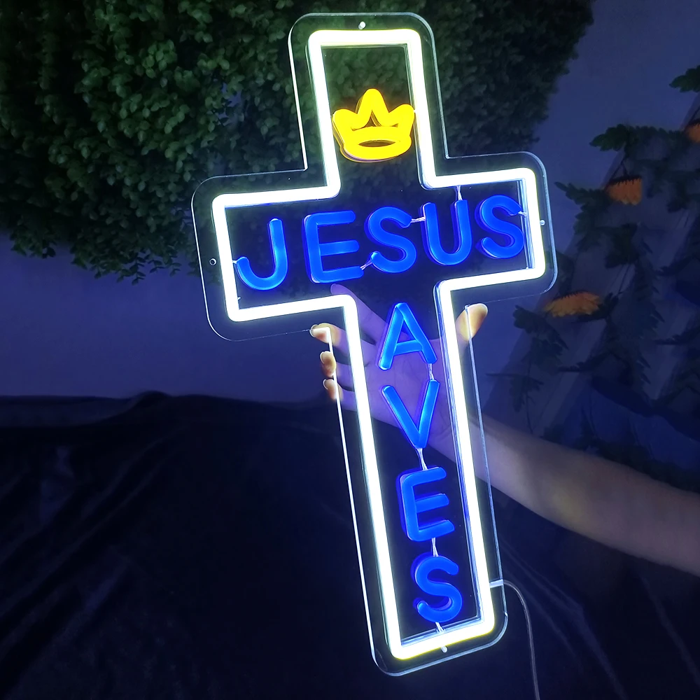 Custom Jesus Cross Blue Neon Sign LED Cross Shaped For Beer Bar Handmade Real Glass Decorate Home Wall Room Decor