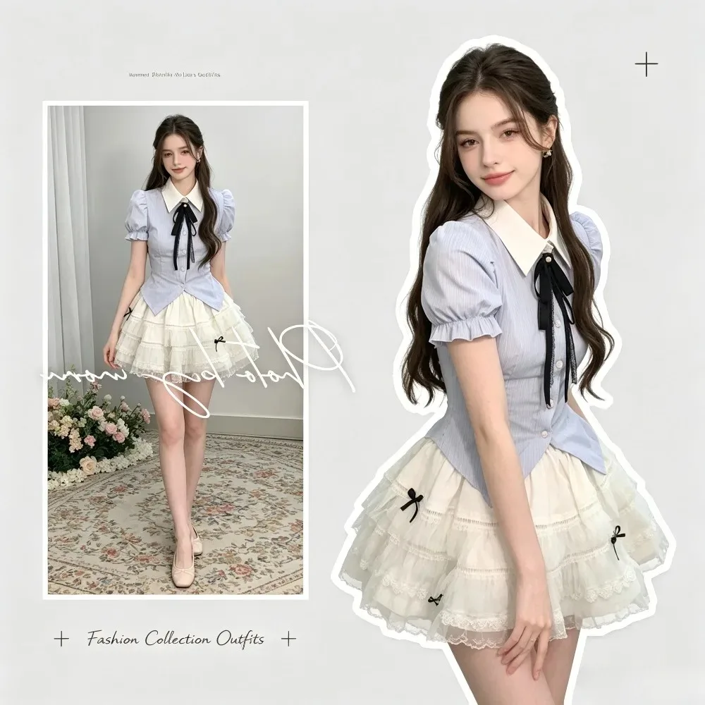 

Sweet Fresh School Uniform Set, Contrast Color Polo Neck Top &High Waist Tutu Skirt, Summer Outfit for Daily Casual Campus Wear
