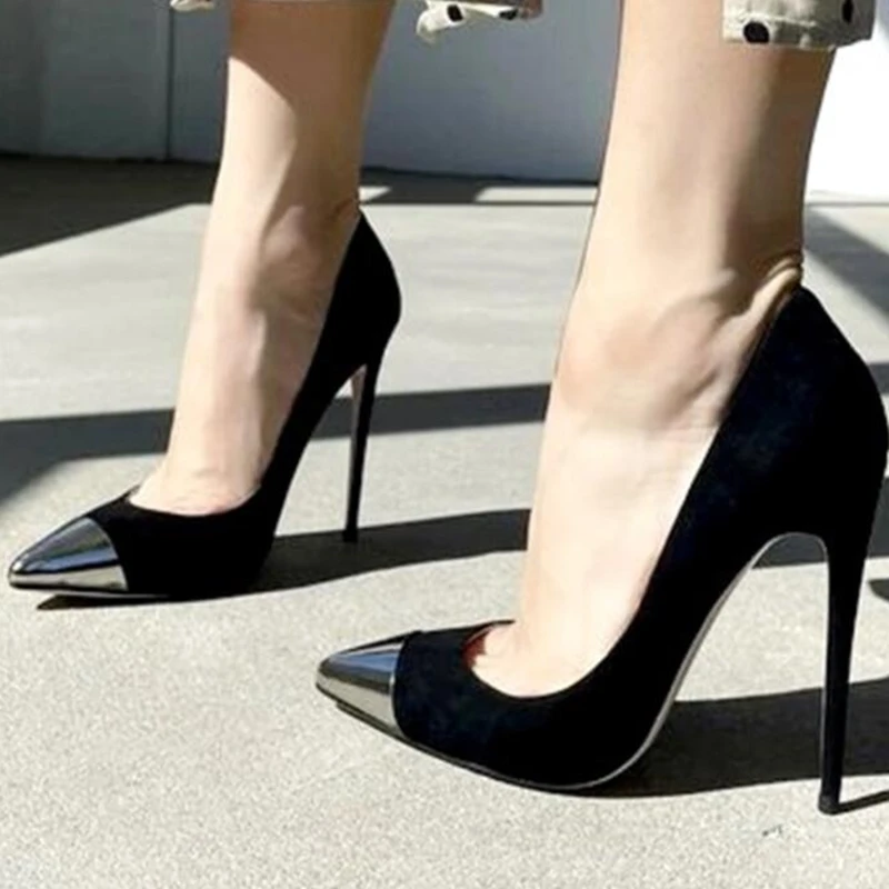 

Gold Steel Tip Toe High Heel Pumps Slip-On Patchwork Shallow Women Dress Shoes Pointed Matched Color 12Cm 10Cm 8Cm Thin Heels