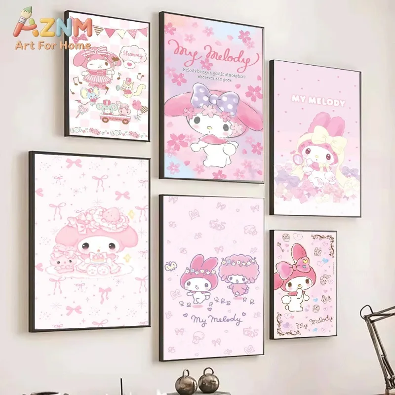 Sanrio My Melody Music Party Cute Bunny Canvas Wall Print No Frame Cartoon Poster Pink Checkered Background Girls Room Art Wall