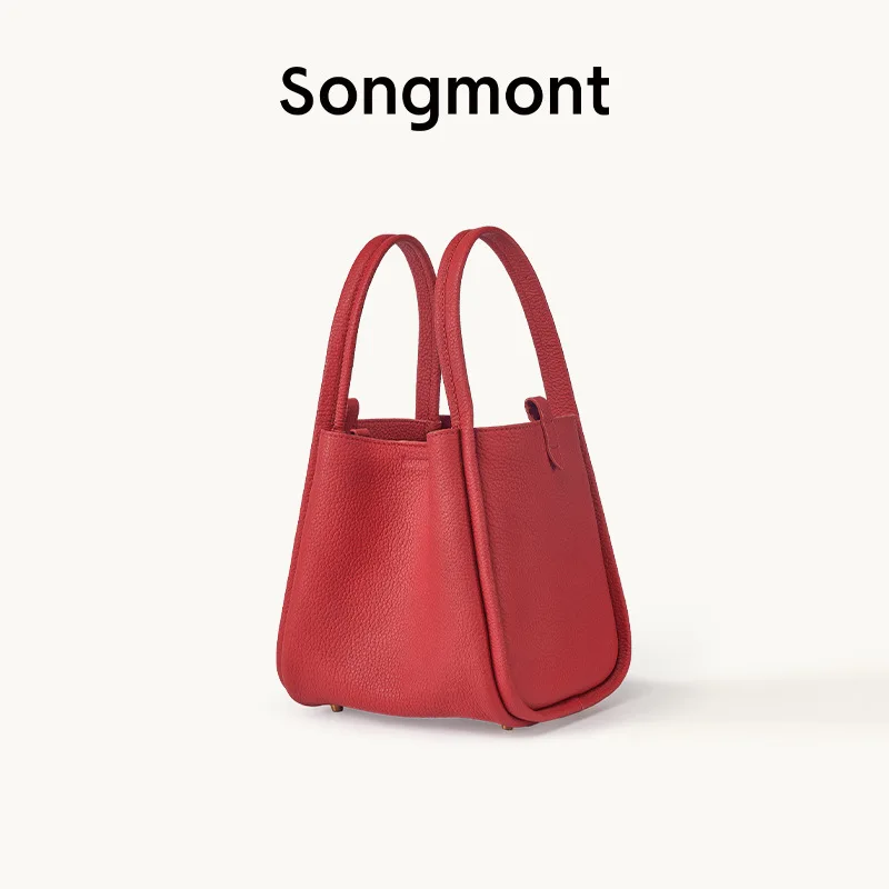 Songmont Grocery Bag Medium Small New Snap Closure Series Cowhide Leather Large Capacity Handheld Bucket Bag Women Versatile