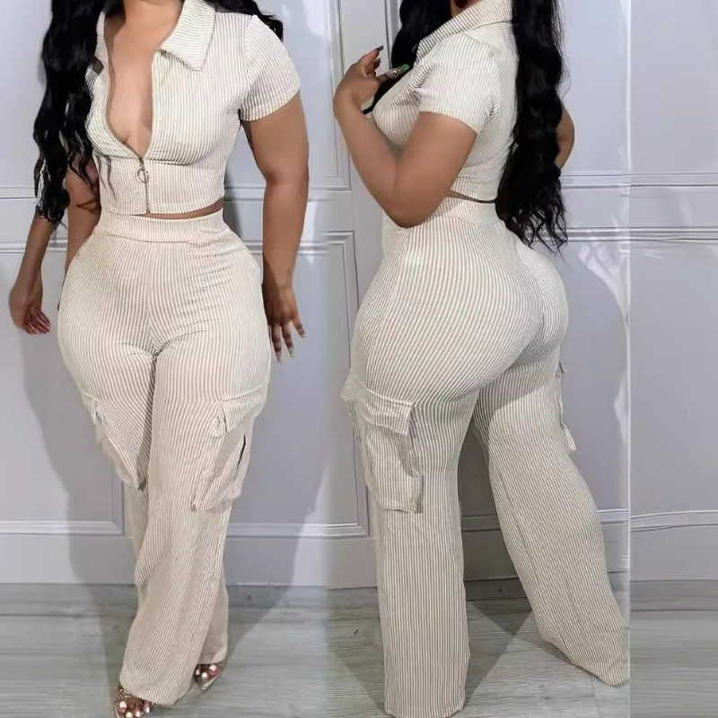 

Zipper Short Top Casual Women Long Pants 2-piece Set Summer 2026 New Fashion Pocket Sport Hips Hugging Long Pants Female Suit