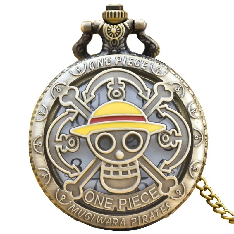 One Piece Anime Pocket Watch, Vintage Bronze Quartz Watch with Chain, Pirate Skull Flip Clock, Gift for Kids Boys Fans view 6