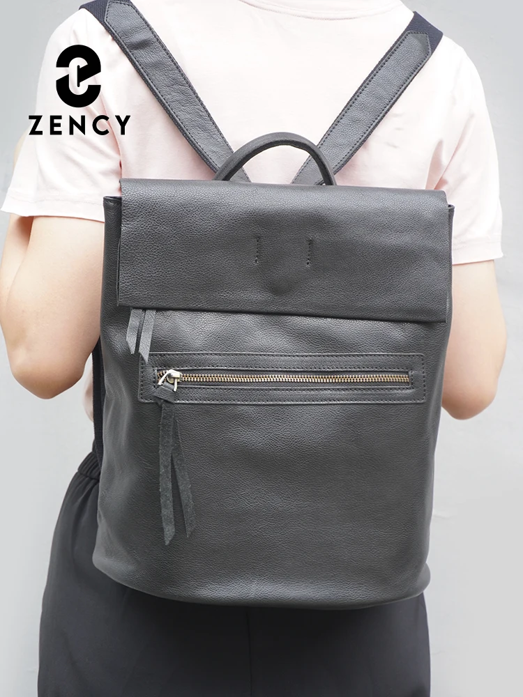 Zency Women's Classic Cowhide Leather Flap Zip Backpack Large Capacity Travel Anti-theft Knapsack Rucksack Fit 10 inch Ipad A4
